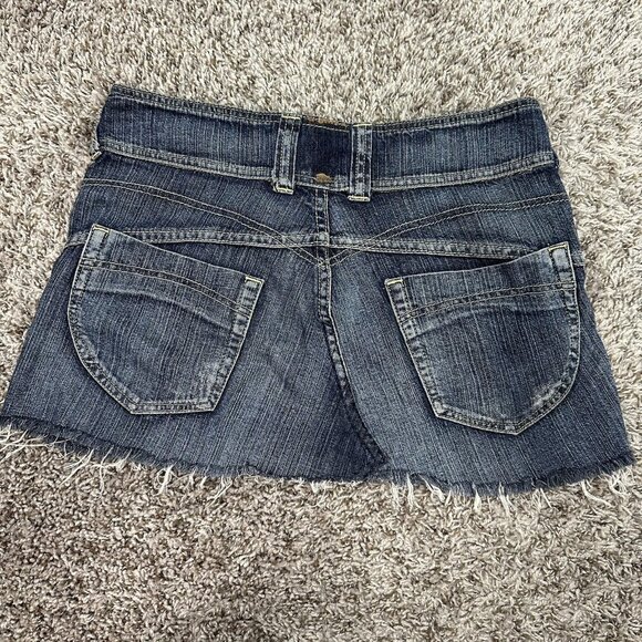 Vintage Y2K Micro‎ Mini Skirt Denim 36 Pockets Grunge Frayed Hem Indie - Picture 2 of 6